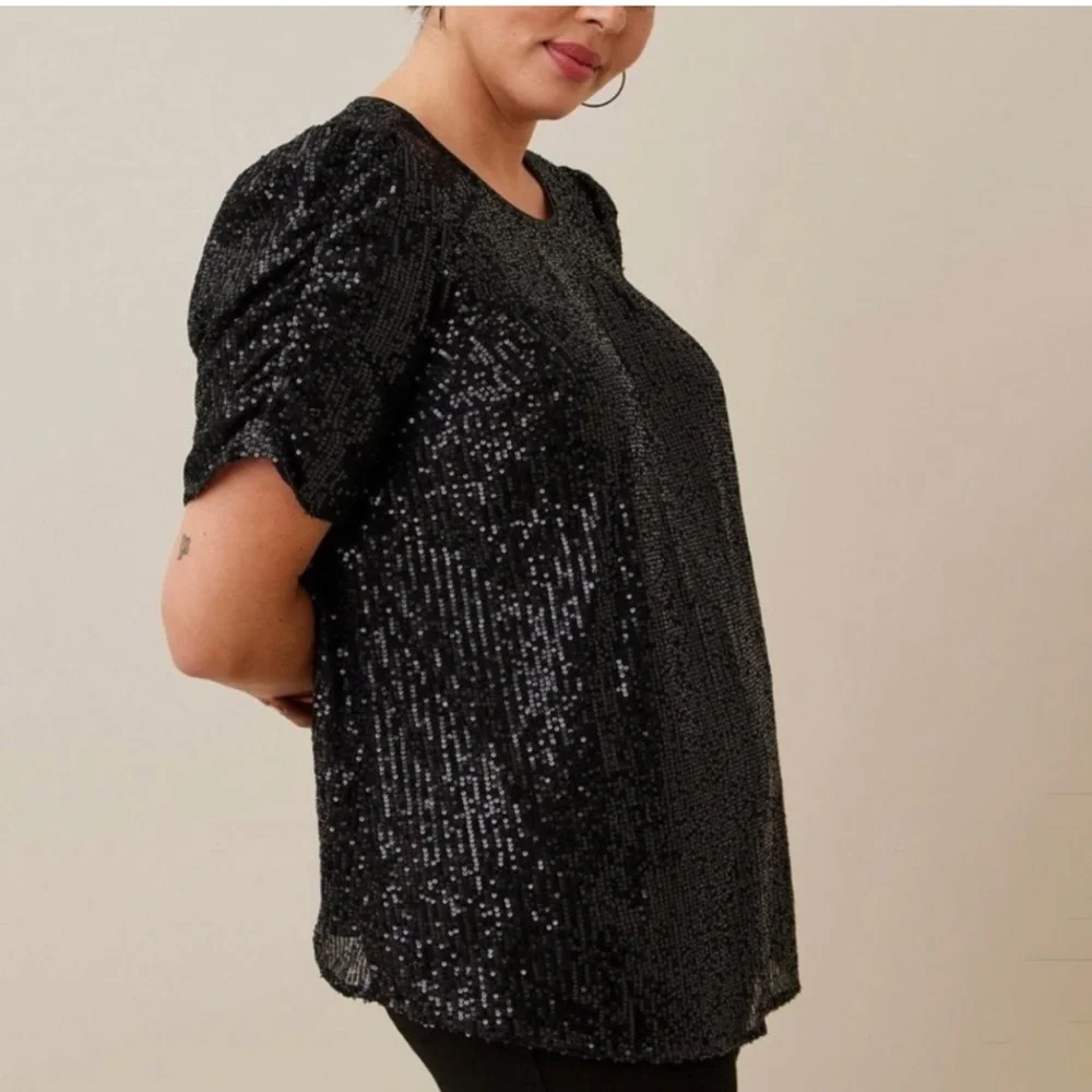 NWT New Torrid Black Sequin Ruched Sleeve Top Size 12 Large 0 - Picture 3 of 9